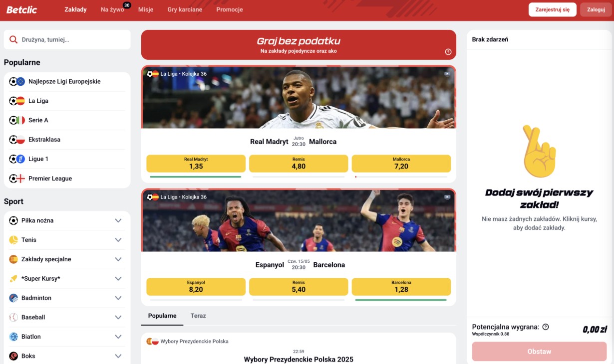 Zrzut ekranu przedstawiający stronę internetową Betclic z kursami na mecze La Liga.