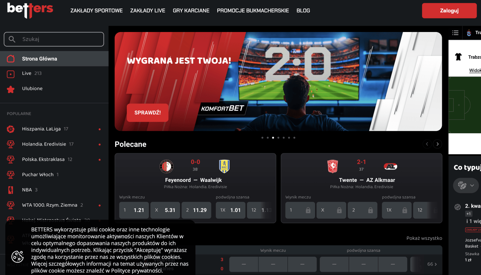 Zrzut ekranu przedstawiający stronę internetową Betters z banerem promującym KomfortBET, kursami na mecze ligi holenderskiej oraz menu z popularnymi kategoriami zakładów sportowych.