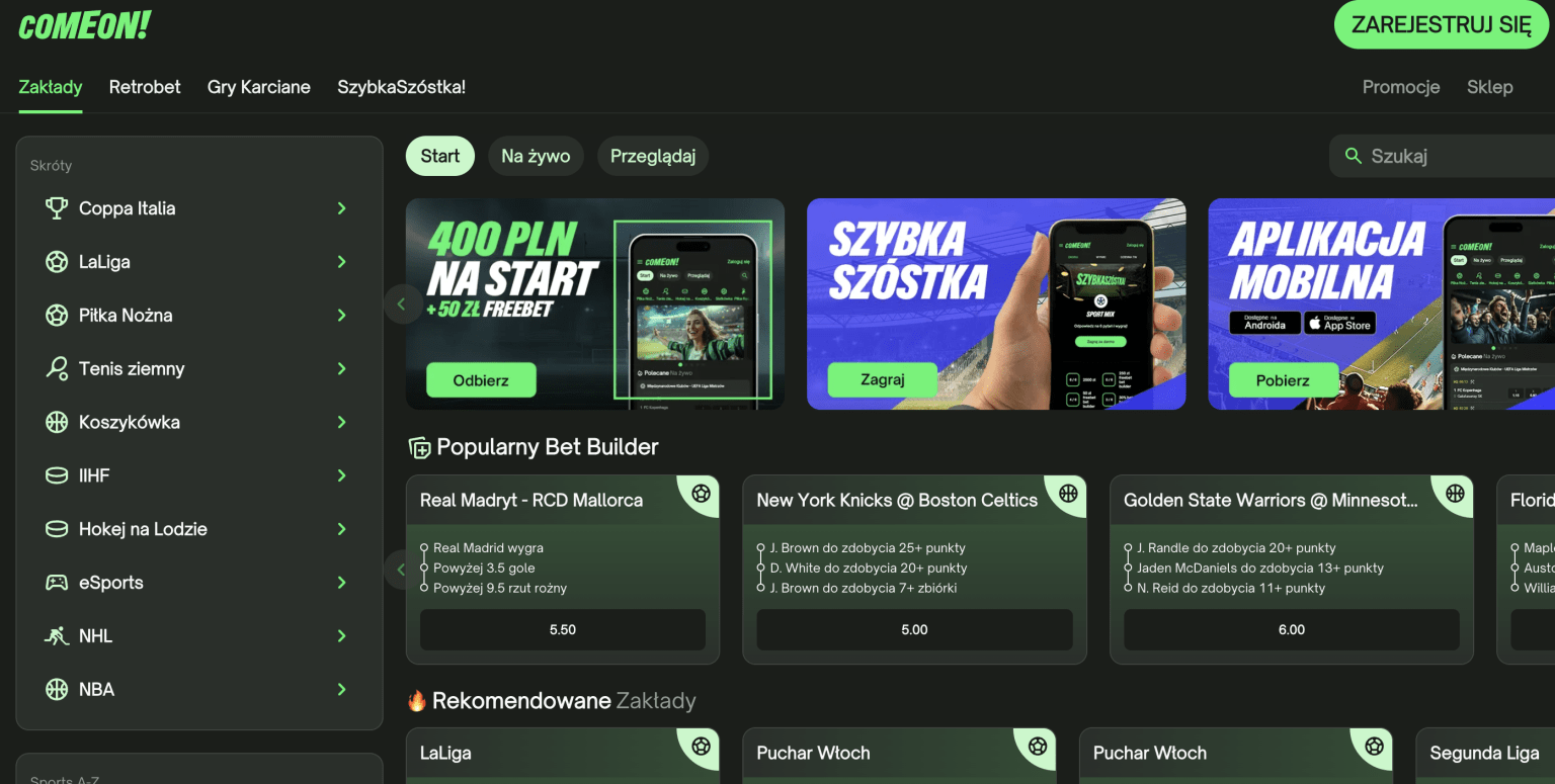 Zrzut ekranu przedstawiający stronę internetową ComeOn z promocją powitalną 400 PLN, ofertą Bet Builder oraz banerami zachęcającymi do pobrania aplikacji mobilnej i zagrania w Szybką Szóstkę.