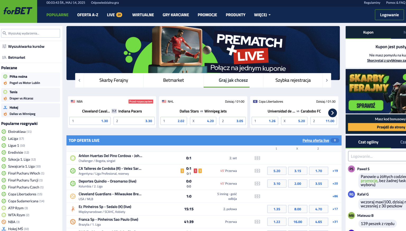 Zrzut ekranu przedstawiający stronę internetową forBet z kursami na wydarzenia sportowe, promocjami typu Prematch + Live oraz popularnymi rozgrywkami dostępnymi do obstawiania.