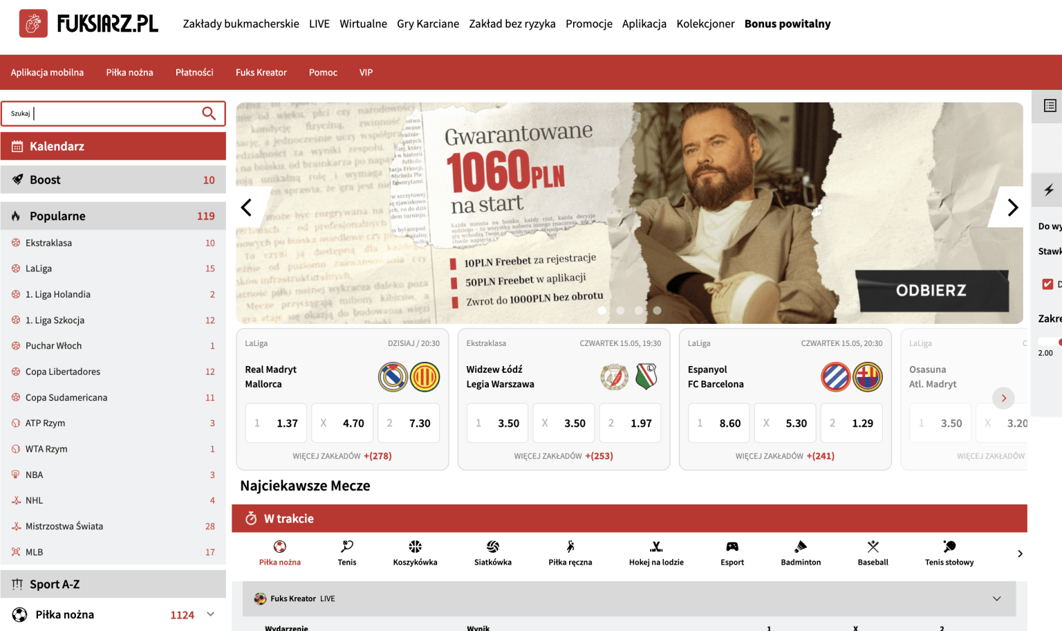 Zrzut ekranu przedstawiający stronę internetową Fuksiarz z ofertą powitalną 1060 PLN, kursami na mecze La Liga i Ekstraklasy oraz zakładami na najciekawsze wydarzenia sportowe.