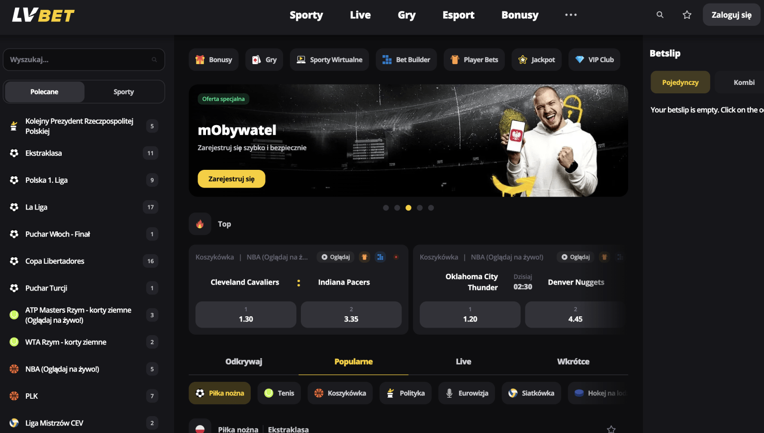 Zrzut ekranu przedstawiający stronę internetową LV Bet z kursami na mecze NBA, zakładami sportowymi na żywo oraz promocją rejestracji przez aplikację mObywatel.