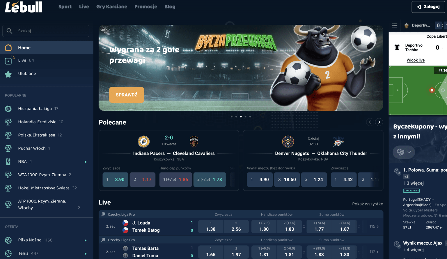 Zrzut ekranu przedstawiający stronę internetową LeBull z kursami na mecze NBA, ofertą live oraz banerem promującym funkcję „Bycza Przewaga” dla graczy obstawiających wyniki sportowe.