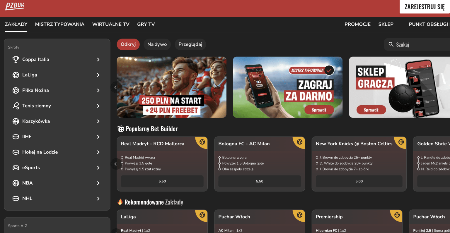 Zrzut ekranu przedstawiający stronę internetową PZBuk z ofertą powitalną 250 PLN, popularnymi zakładami Bet Builder oraz banerami promującymi funkcje „Mistrz Typowania” i „Sklep Gracza”.