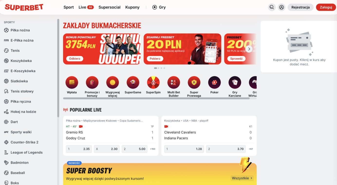 Zrzut ekranu przedstawiający stronę internetową Superbet z ofertą zakładów bukmacherskich, bonusami powitalnymi oraz kursami na wydarzenia sportowe na żywo.