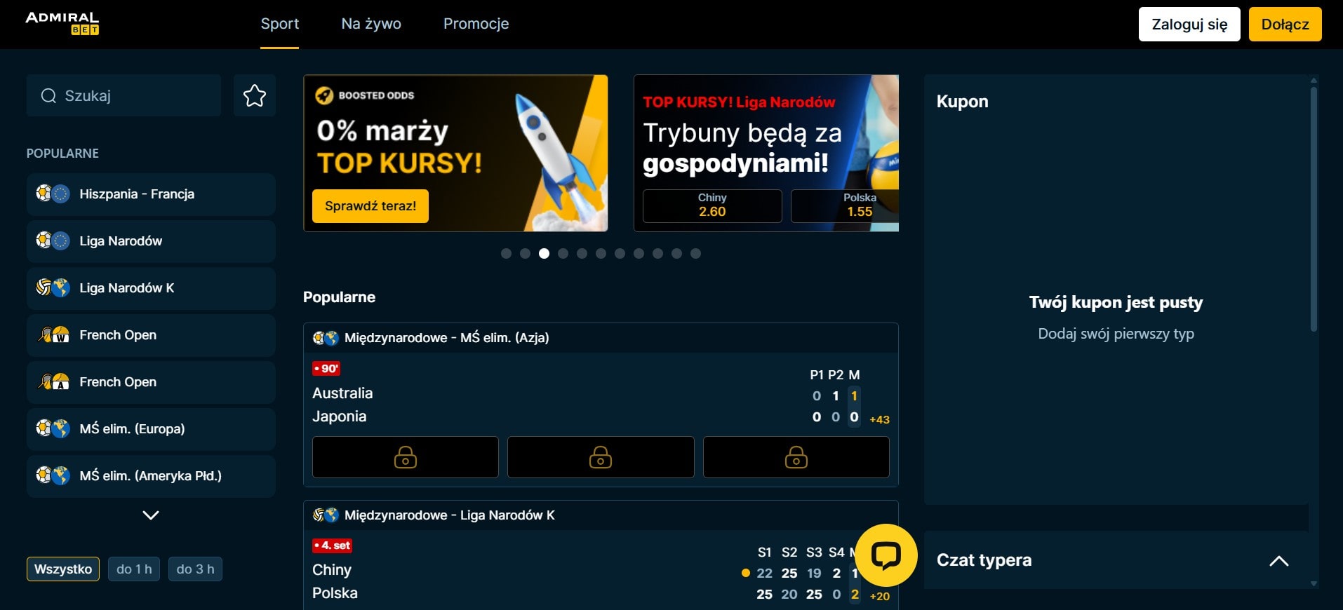 Zrzut ekranu ze strony głównej Admiral Bet pokazujący kursy bukmacherskie na mecze sportowe, sekcję kuponu i promocje z hasłami „0% marży TOP KURSY!”.