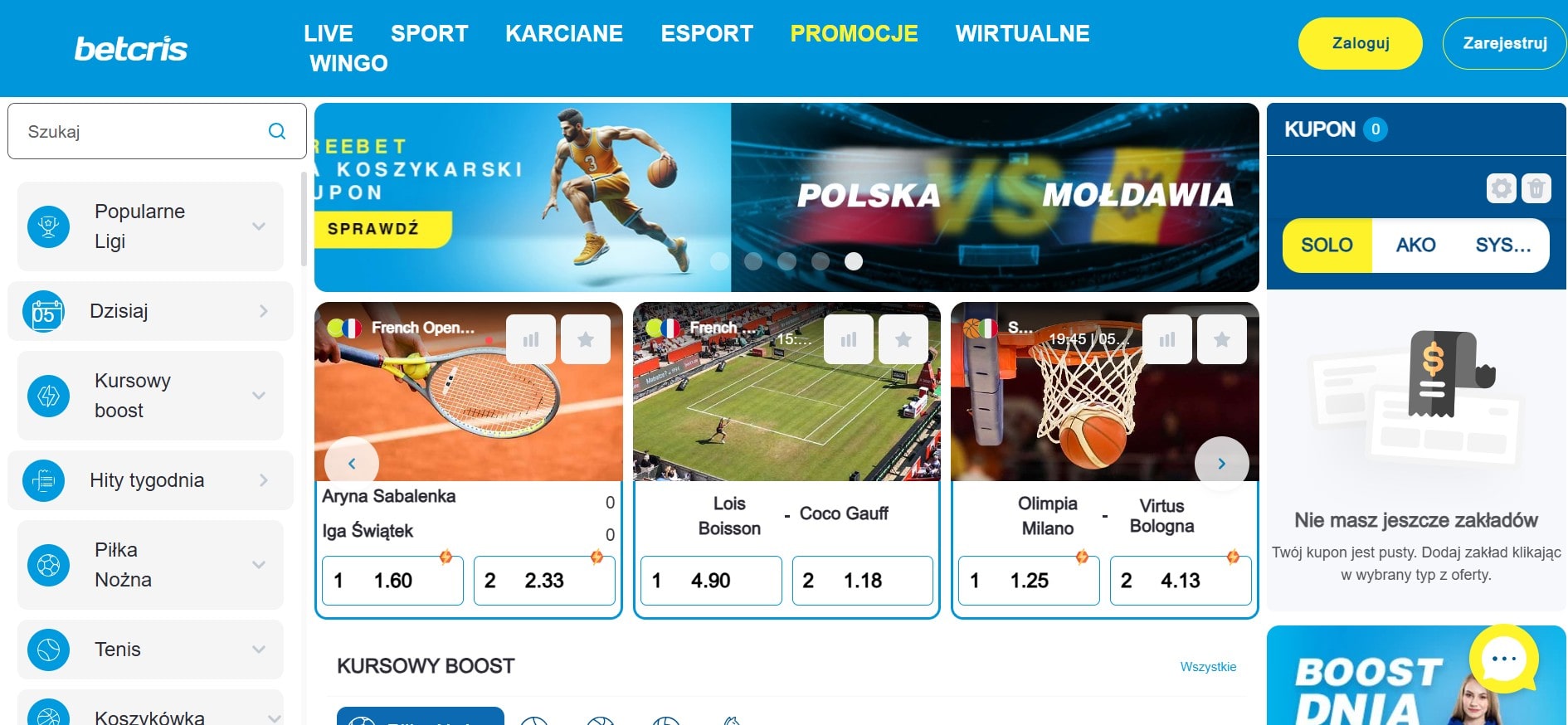 Strona główna Betcris z widocznymi kursami na mecze tenisowe, koszykówkę i piłkę nożną oraz banerem promocyjnym z napisem „POLSKA vs MOŁDAWIA”.