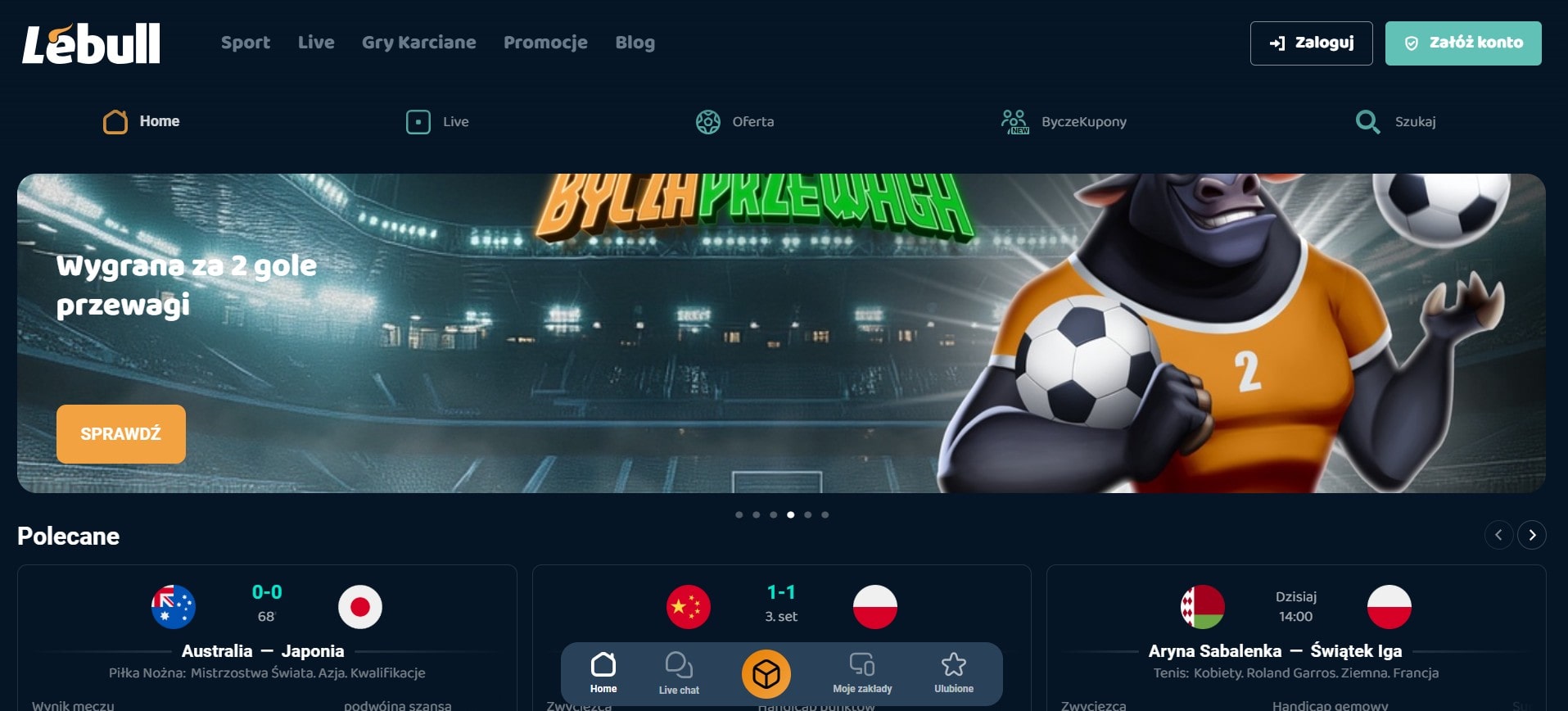 Strona główna platformy bukmacherskiej LeBull z grafiką byka w stroju piłkarskim i nagłówkiem "Wygrana za 2 gole przewagi" na tle stadionu.