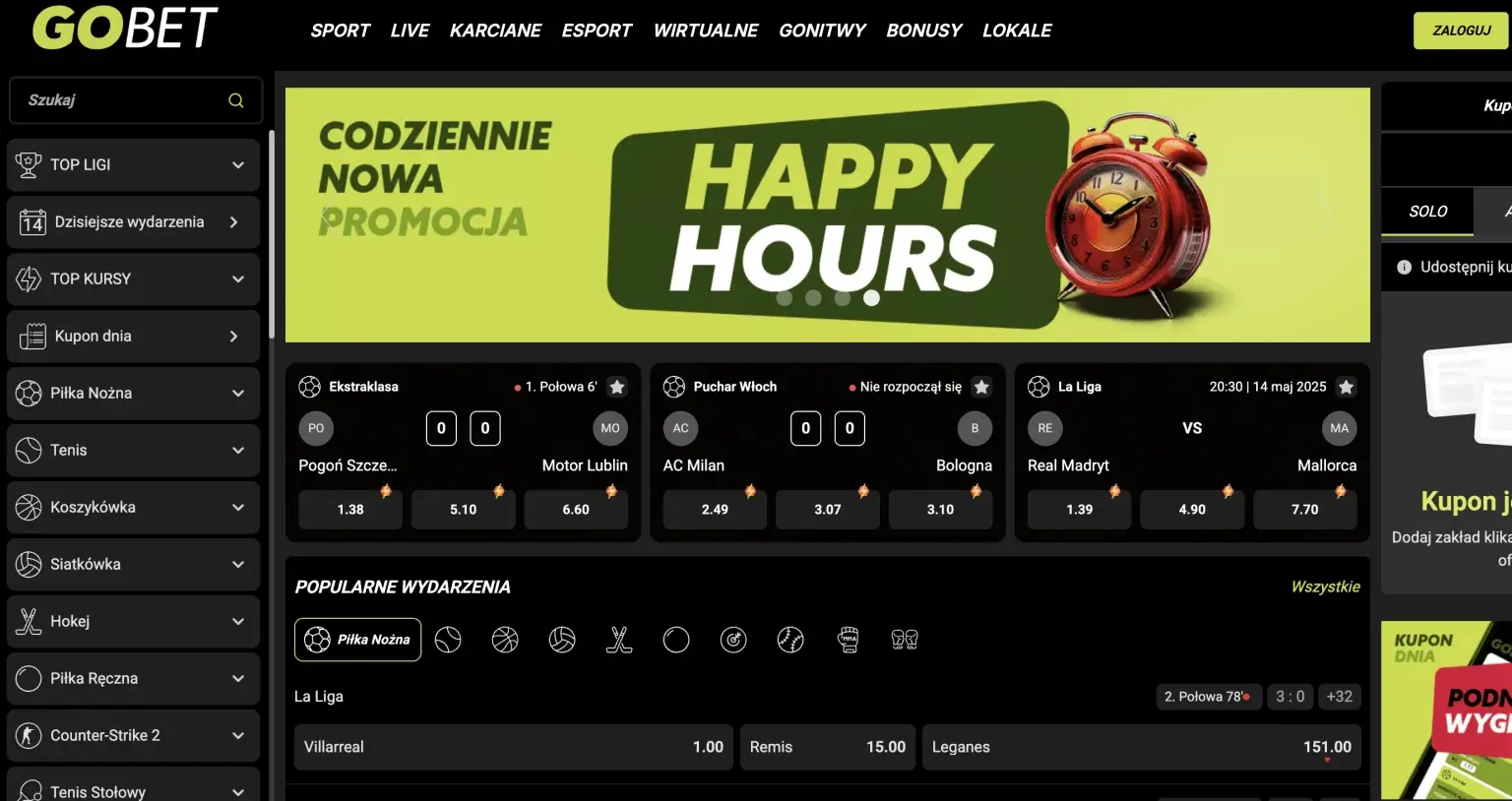 Zrzut ekranu przedstawiający stronę internetową Gobet z promocją "Happy Hours", kursami na mecze Ekstraklasy, Pucharu Włoch i La Liga oraz listą popularnych wydarzeń sportowych.
